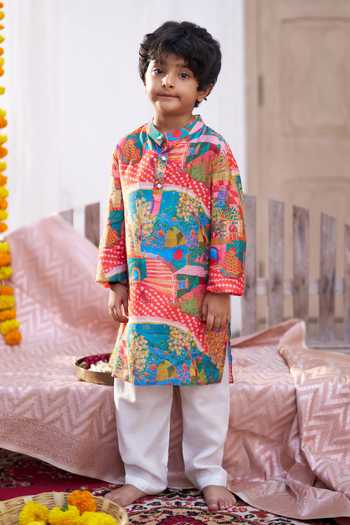 Buy Funny Bones Clothings Red Silk Rang Mahal Printed Kurta Set Online at Aza Fashions Buy_Funny Bones Clothings_Red Silk Rang Mahal Printed Kurta Set _Online_at_Aza_Fashions