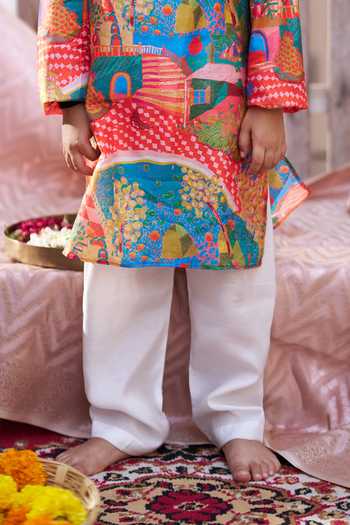 Shop Funny Bones Clothings Red Silk Rang Mahal Printed Kurta Set Online at Aza Fashions Shop_Funny Bones Clothings_Red Silk Rang Mahal Printed Kurta Set _Online_at_Aza_Fashions