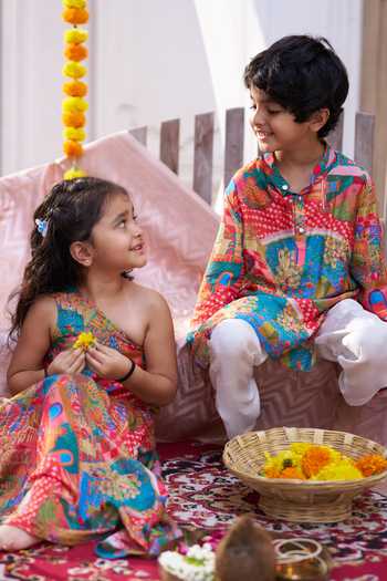 Buy Funny Bones Clothings Red Silk Rang Mahal Printed Kurta Set Buy_Funny Bones Clothings_Red Silk Rang Mahal Printed Kurta Set