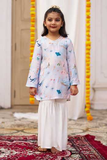 Buy_Funny Bones Clothings_Blue Silk Ocean Whisper Print Kurta And Sharara Set _Online_at_Aza_Fashions