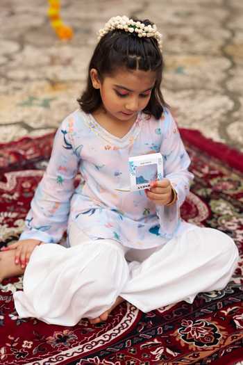 Shop_Funny Bones Clothings_Blue Silk Ocean Whisper Print Kurta And Sharara Set _Online_at_Aza_Fashions
