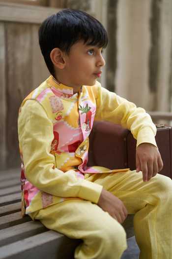 Funny Bones Clothings Multi Color Linen Pichwai Print Bundi And Kurta Set Online at Aza Fashions Funny Bones Clothings_Multi Color Linen Pichwai Print Bundi And Kurta Set _Online_at_Aza_Fashions