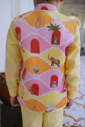 Shop_Funny Bones Clothings_Multi Color Linen Pichwai Print Bundi And Kurta Set _Online_at_Aza_Fashions
