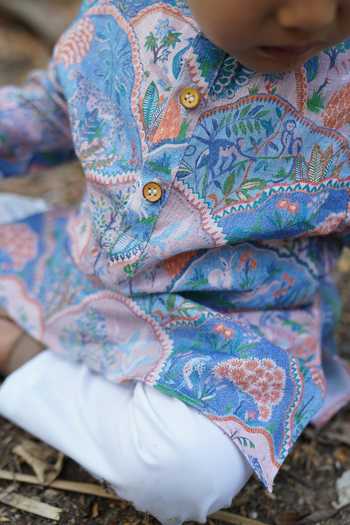Shop_Funny Bones Clothings_Blue Linen Entricing Jungle Print Kurta Set _Online_at_Aza_Fashions