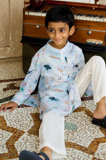 Buy Funny Bones Clothings Sky Blue Silk Ocean Whisper Print Kurta Set Online at Aza Fashions Buy_Funny Bones Clothings_Sky Blue Silk Ocean Whisper Print Kurta Set _Online_at_Aza_Fashions