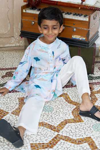 Shop Funny Bones Clothings Sky Blue Silk Ocean Whisper Print Kurta Set Online at Aza Fashions Shop_Funny Bones Clothings_Sky Blue Silk Ocean Whisper Print Kurta Set _Online_at_Aza_Fashions