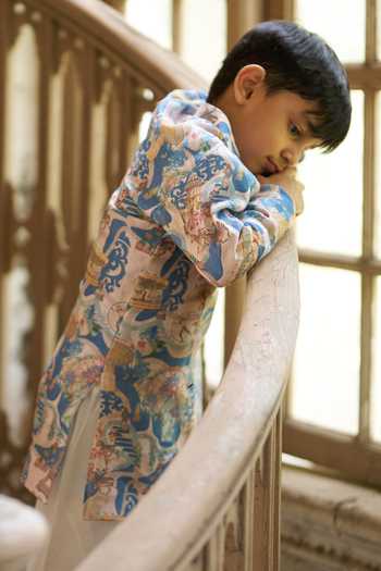 Buy Funny Bones Clothings Multi Color Linen The Voyagers Printed Kurta Set Online at Aza Fashions Buy_Funny Bones Clothings_Multi Color Linen The Voyagers Printed Kurta Set _Online_at_Aza_Fashions