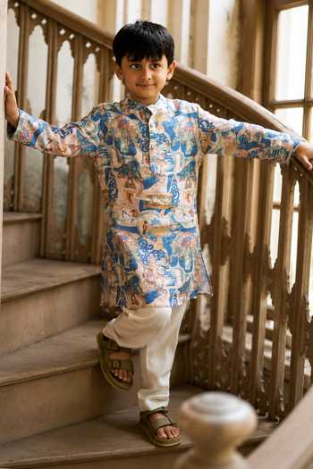 Shop Funny Bones Clothings Multi Color Linen The Voyagers Printed Kurta Set Online at Aza Fashions Shop_Funny Bones Clothings_Multi Color Linen The Voyagers Printed Kurta Set _Online_at_Aza_Fashions