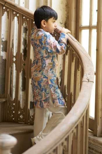 Buy Funny Bones Clothings Multi Color Linen The Voyagers Printed Kurta Set Buy_Funny Bones Clothings_Multi Color Linen The Voyagers Printed Kurta Set