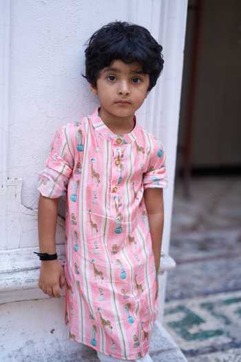 Shop Funny Bones Clothings Pink Silk The Showman Printed Kurta Set Online at Aza Fashions Shop_Funny Bones Clothings_Pink Silk The Showman Printed Kurta Set _Online_at_Aza_Fashions