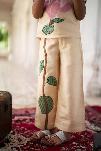 Funny Bones Clothings Beige Silk Magnolia Garden Embroidered Top And Pant Set at Aza Fashions Funny Bones Clothings_Beige Silk Magnolia Garden Embroidered Top And Pant Set _at_Aza_Fashions