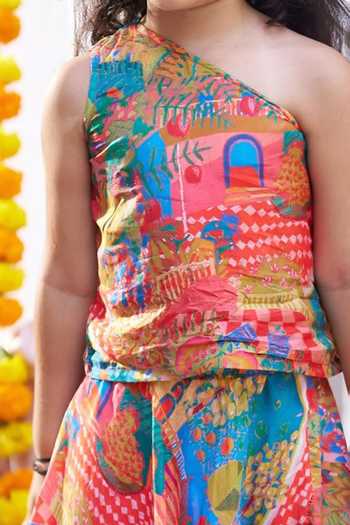 Funny Bones Clothings_Multi Color Silk Rang Mahal Top And Skirt Set _Online_at_Aza_Fashions
