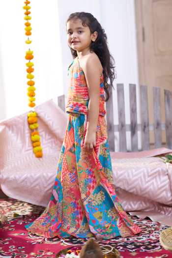 Buy_Funny Bones Clothings_Multi Color Silk Rang Mahal Top And Skirt Set _Online_at_Aza_Fashions