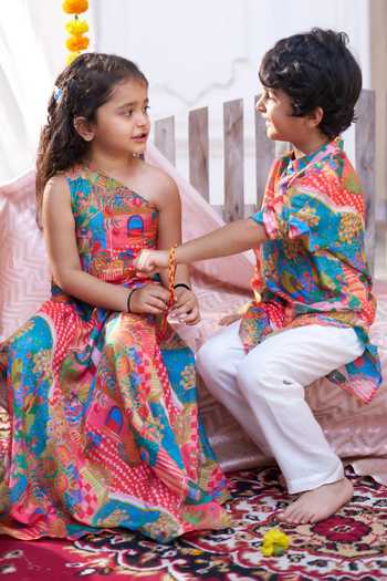 Funny Bones Clothings_Multi Color Silk Rang Mahal Top And Skirt Set _at_Aza_Fashions