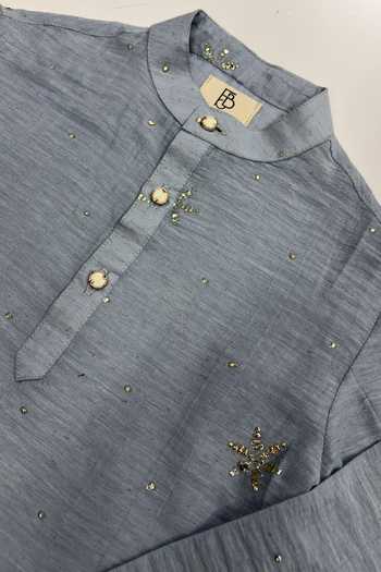 Buy_Funny Bones Clothings_Grey Cotton Dusty Starlight Hand Embroidered Kurta Set _Online_at_Aza_Fashions