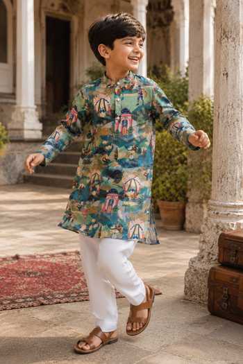 Funny Bones Clothings_Multi Color Silk Storybook Menagerie Printed Kurta Set _Online_at_Aza_Fashions