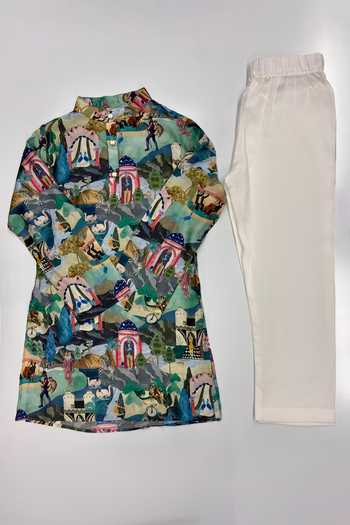 Shop_Funny Bones Clothings_Multi Color Silk Storybook Menagerie Printed Kurta Set _Online_at_Aza_Fashions