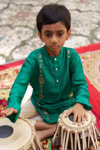 Buy_Funny Bones Clothings_Green Silk The Storyteller Pure Kurta Set _Online_at_Aza_Fashions