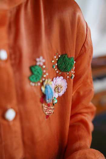 Funny Bones Clothings_Orange Silk Wild Bloom Embroidered Kurta Set _Online_at_Aza_Fashions