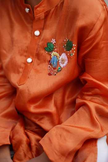 Shop_Funny Bones Clothings_Orange Silk Wild Bloom Embroidered Kurta Set _Online_at_Aza_Fashions
