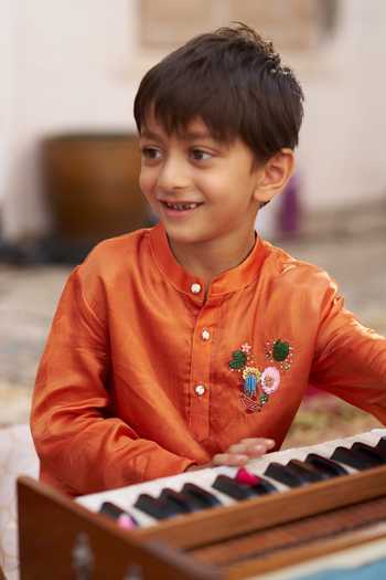 Buy Funny Bones Clothings Orange Silk Wild Bloom Embroidered Kurta Set Buy_Funny Bones Clothings_Orange Silk Wild Bloom Embroidered Kurta Set