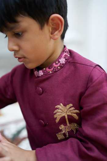 Shop_Funny Bones Clothings_Maroon Linen Palm And Panther Embroidered Bundi Set _Online_at_Aza_Fashions