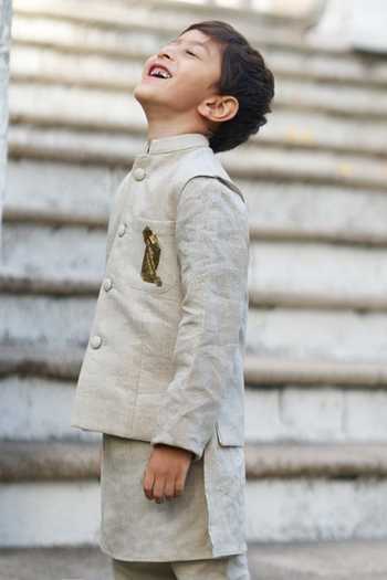 Funny Bones Clothings_Cream Linen The Aristocrat Embroidered Bundi Set _Online_at_Aza_Fashions
