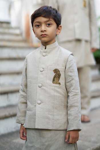 Buy_Funny Bones Clothings_Cream Linen The Aristocrat Embroidered Bundi Set _Online_at_Aza_Fashions