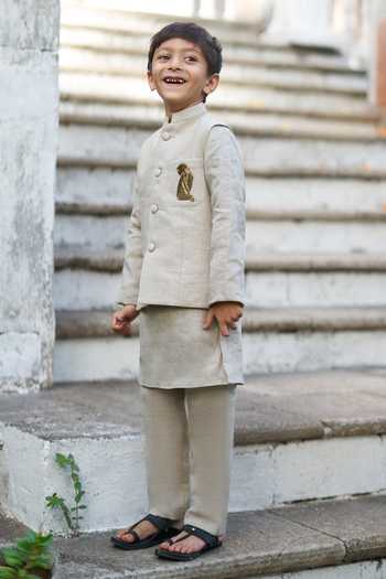 Shop_Funny Bones Clothings_Cream Linen The Aristocrat Embroidered Bundi Set _Online_at_Aza_Fashions