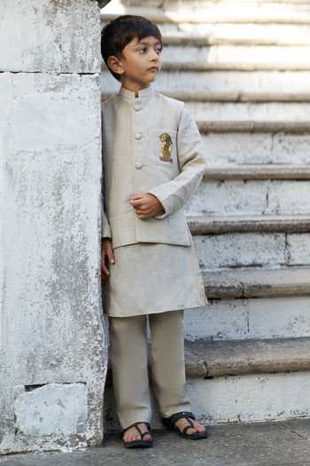Funny Bones Clothings_Cream Linen The Aristocrat Embroidered Bundi Set _at_Aza_Fashions