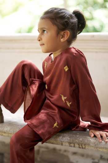 Buy_Funny Bones Clothings_Brown Silk The Wanderers Kurta And Pant Set _Online_at_Aza_Fashions