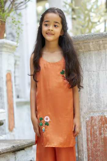 Funny Bones Clothings_Orange Silk Terra Bloom Embroidered Kurta And Palazzo Set _Online_at_Aza_Fashions