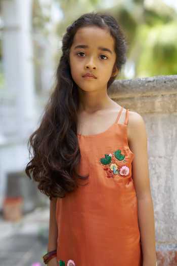 Buy_Funny Bones Clothings_Orange Silk Terra Bloom Embroidered Kurta And Palazzo Set _Online_at_Aza_Fashions