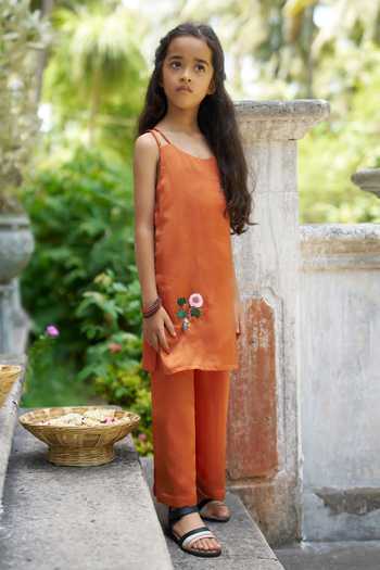 Shop_Funny Bones Clothings_Orange Silk Terra Bloom Embroidered Kurta And Palazzo Set _Online_at_Aza_Fashions