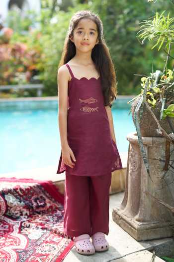 Buy_Funny Bones Clothings_Purple Linen Embroidered Kurta And Palazzo Set _Online_at_Aza_Fashions