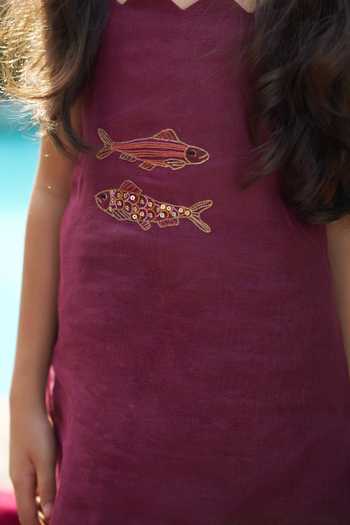 Shop_Funny Bones Clothings_Purple Linen Embroidered Kurta And Palazzo Set _Online_at_Aza_Fashions