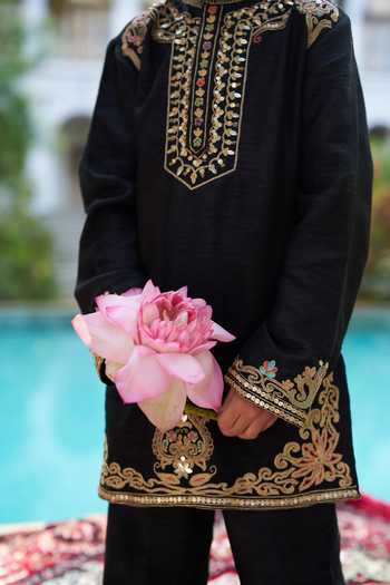 Funny Bones Clothings_Black Silk Shahenshah Pure Embroidered Kurta Set _Online_at_Aza_Fashions