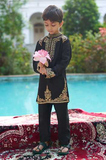 Buy_Funny Bones Clothings_Black Silk Shahenshah Pure Embroidered Kurta Set _Online_at_Aza_Fashions