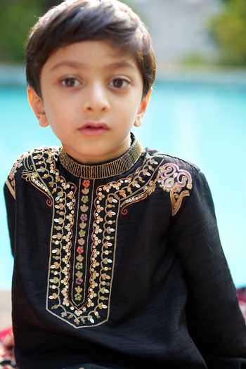 Shop_Funny Bones Clothings_Black Silk Shahenshah Pure Embroidered Kurta Set _Online_at_Aza_Fashions