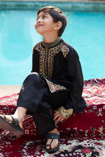 Funny Bones Clothings_Black Silk Shahenshah Pure Embroidered Kurta Set _at_Aza_Fashions