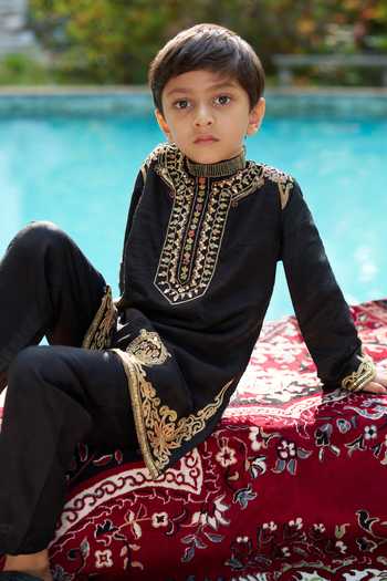 Shop_Funny Bones Clothings_Black Silk Shahenshah Pure Embroidered Kurta Set 