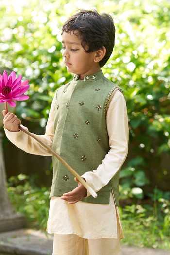 Funny Bones Clothings Green Silk Embroidery Wild Kingdom Bundi And Kurta Set Online at Aza Fashions Funny Bones Clothings_Green Silk Embroidery Wild Kingdom Bundi And Kurta Set _Online_at_Aza_Fashions