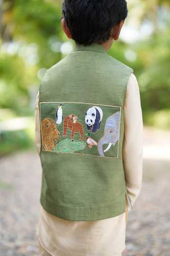 Buy Funny Bones Clothings Green Silk Embroidery Wild Kingdom Bundi And Kurta Set Online at Aza Fashions Buy_Funny Bones Clothings_Green Silk Embroidery Wild Kingdom Bundi And Kurta Set _Online_at_Aza_Fashions