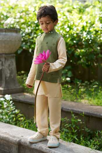 Shop Funny Bones Clothings Green Silk Embroidery Wild Kingdom Bundi And Kurta Set Online at Aza Fashions Shop_Funny Bones Clothings_Green Silk Embroidery Wild Kingdom Bundi And Kurta Set _Online_at_Aza_Fashions