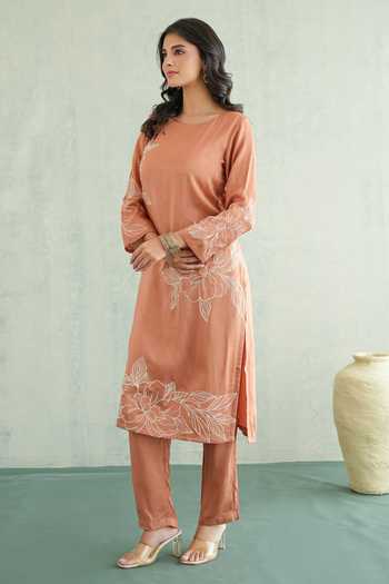 Masoomm Orange Shantoon Boat Neck, Yes Floral Thread Embroidered Kurta And Pant Set Online at Aza Fashions Masoomm_Orange Shantoon Boat Neck, Yes Floral Thread Embroidered Kurta And Pant Set _Online_at_Aza_Fashions