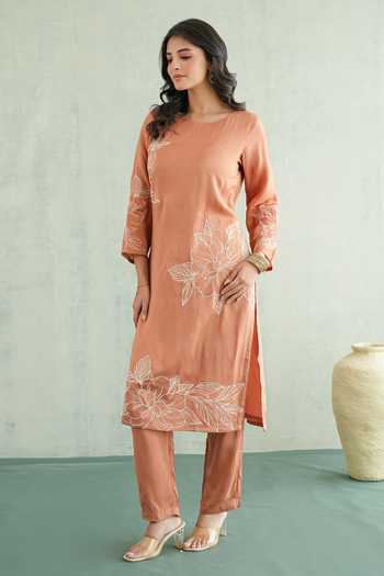 Buy Masoomm Orange Shantoon Boat Neck, Yes Floral Thread Embroidered Kurta And Pant Set Online at Aza Fashions Buy_Masoomm_Orange Shantoon Boat Neck, Yes Floral Thread Embroidered Kurta And Pant Set _Online_at_Aza_Fashions