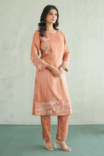 Masoomm Orange Shantoon Boat Neck, Yes Floral Thread Embroidered Kurta And Pant Set at Aza Fashions Masoomm_Orange Shantoon Boat Neck, Yes Floral Thread Embroidered Kurta And Pant Set _at_Aza_Fashions