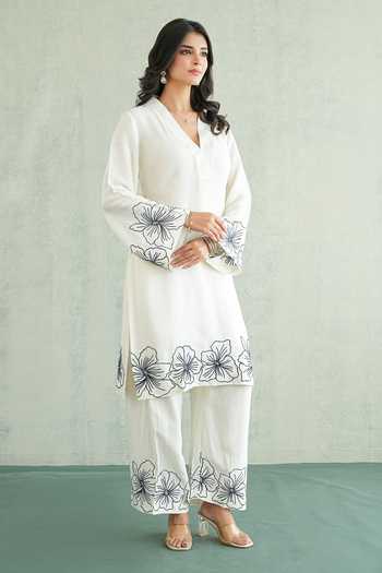 Shop_Masoomm_Off White Shantoon V-neck, Yes Border Embroidered Kurta And Pant Set _Online_at_Aza_Fashions