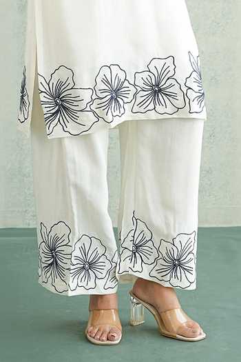Masoomm_Off White Shantoon V-neck, Yes Border Embroidered Kurta And Pant Set _at_Aza_Fashions
