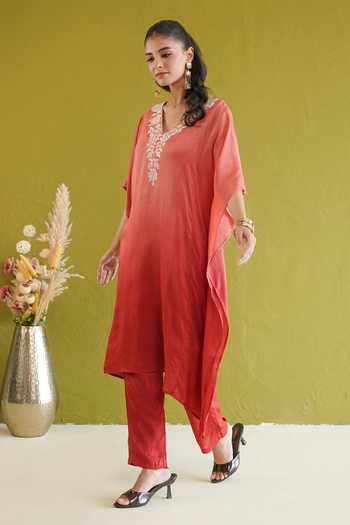 Buy Masoomm Coral Shantoon V-neck Ombre Embroidered Kaftan And Pant Set Online at Aza Fashions Buy_Masoomm_Coral Shantoon V-neck Ombre Embroidered Kaftan And Pant Set _Online_at_Aza_Fashions